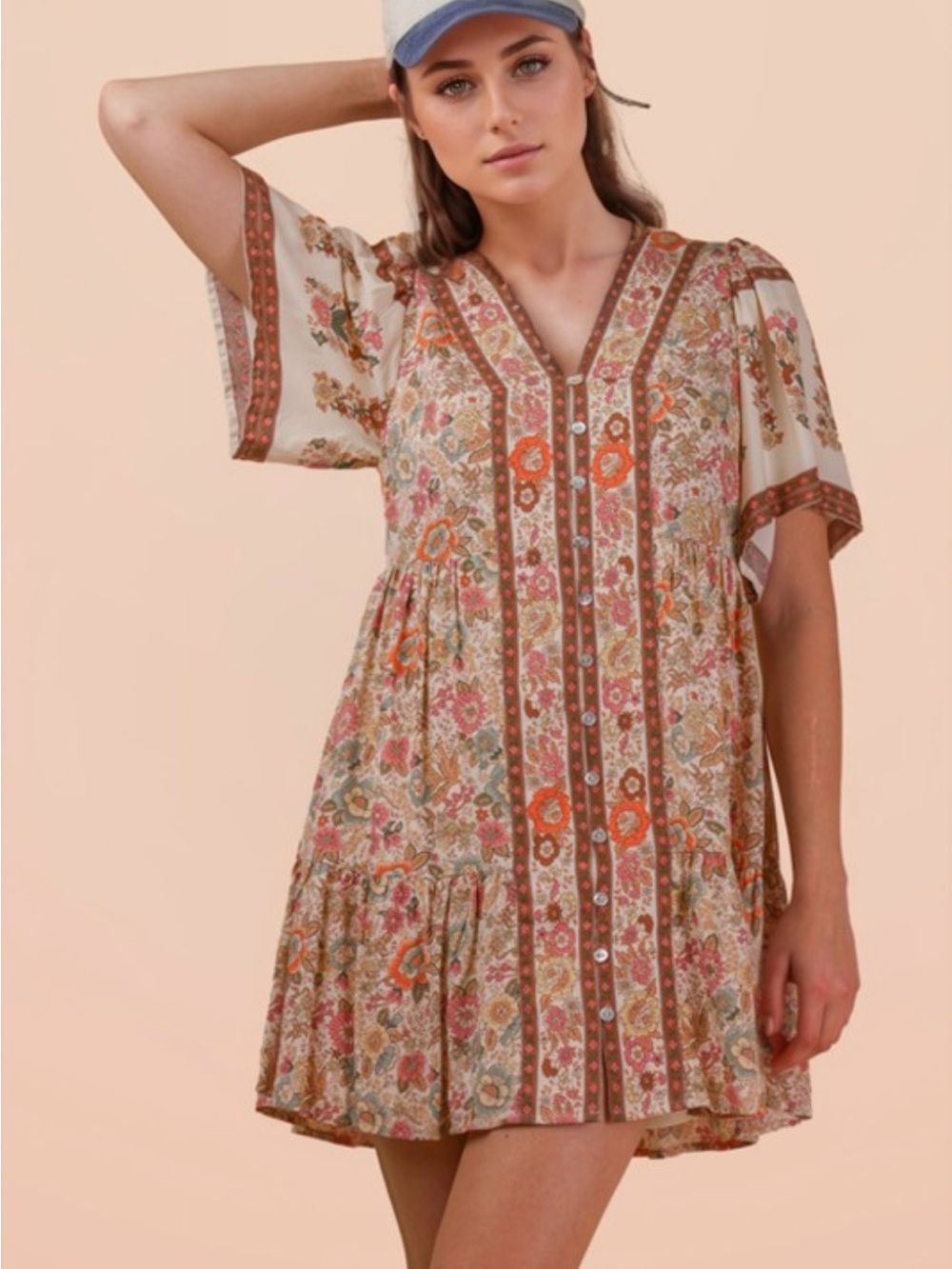 Shirring Detail Printed Woven Mini Dress